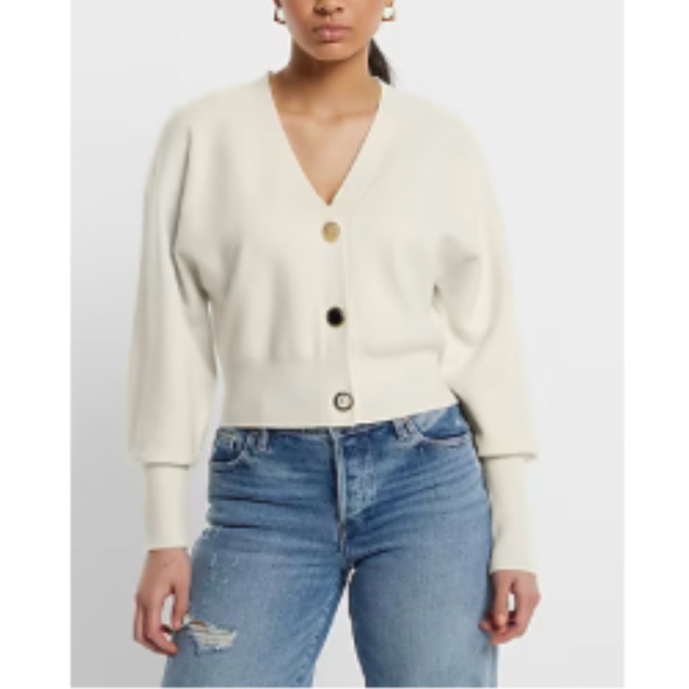 Express V-Neck Mixed Button Cardigan in Swan - Picture 1 of 7